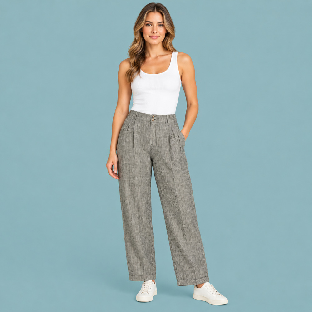 Garnet Hill Size 8 Gray Striped 100% Linen Straight Leg Artsy Lagenlook Pants